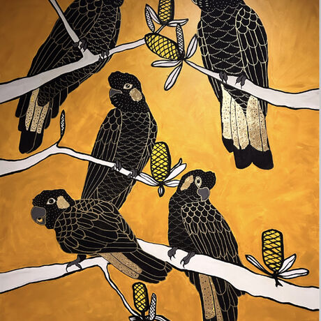 A large painting of a flock of black cockatoos in a banksia tree, in a bold, modern, minimalist style