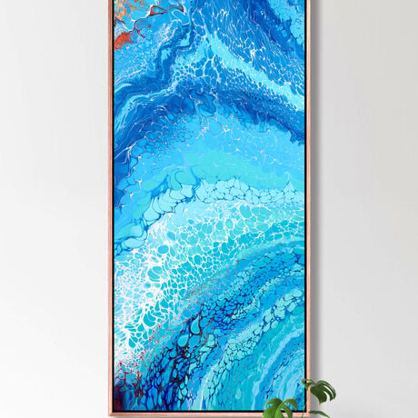 ABSTRACT painting that gives the impression of ocean drift flowing  The intricate mosaic pattern within the tonal blue hues and the glimmering metallics adds added interest and intrigue.  
The ocean is a gorgeous combination of aquamarine, turquoise, blues.
The closer you get to the painting the more of the interesting details and patterns you can see. Metallics add an extra depth because the painting changes personality when one views from different angles.l
