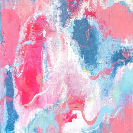 Bold expresionist coloured artwork using hues of predominantly pink with blues  contrasting.