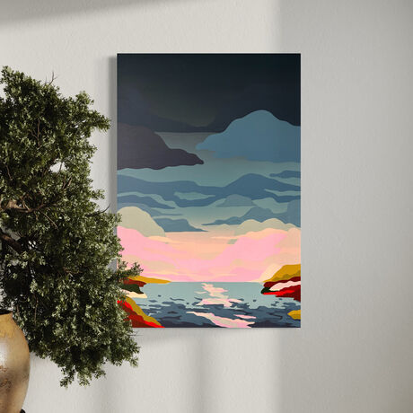 An abstract painting depicting a sunrise over the ocean, painted in bright blues, pinks, greens with pops of red and brown. The painting is highly abstract and graphic. 