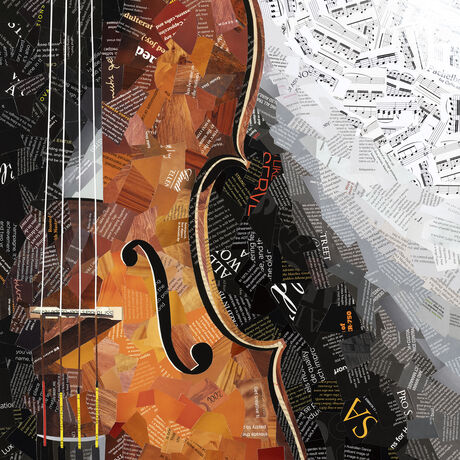 A collage of the musical instrument Cello made from magazines and sheet music.