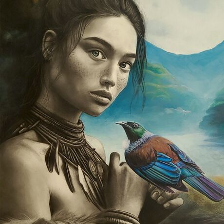 Portrait of a Maori woman with a Tui perched on her hands.  New Zealand nature scene in the background.