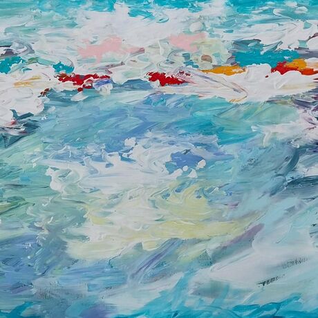 147cm x 66cm  large abstract landscape seascape with multi coloured  waves textured paint. Blustery and windy feel. Requires framing.