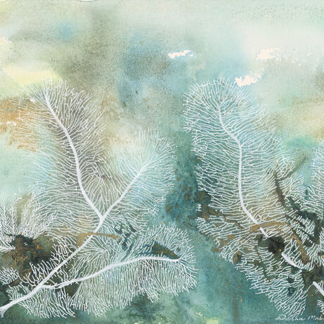 White coral painted over a teal coloured background with iridescent gold watercolour flowing through the painting.