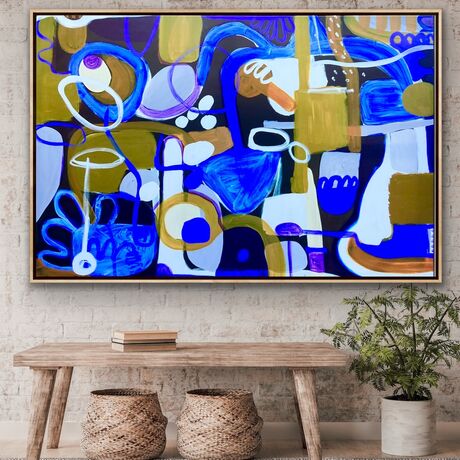 Varied fat shapes on a large space with blue, white, grey and ochre, modern abstract shapes on a large canvas