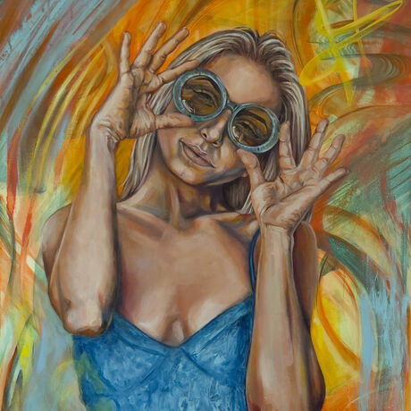 Joyful lady adjusting oversized sunglasses 