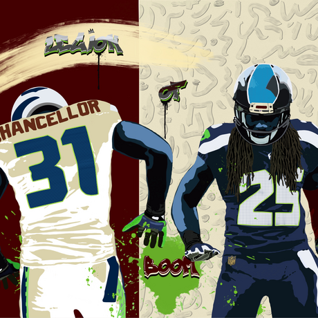 Legion of Boom
This artwork was a collaboration for the opening of The New Legion Restaurant Bar and Grill, brought to us by ex-Seahawk players Richard Sherman and Cam Chancellor. In this painting, I wanted to capture their transition from the field to the restaurant business, with Richard in the classic Seahawk colors and Cam in the New Legion restaurant colors. The last time I was with Cam, we laughed about how he and Richard used to do that little dance when they scored touchdowns, just as I depicted in the painting.

