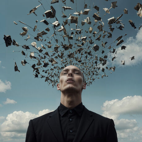 A close-up shot of a man dressed in a black suit, his face pixelated, a vast expanse of blue sky and clouds stretches out into the background,  tethered pieces of rubbish stream from his head.