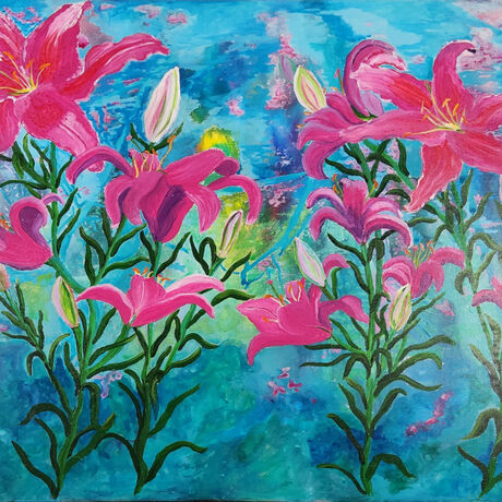 Lilies is a vibrant painting of pink lilies against a colourful abstract background of blues and greens with some touches of yellows and pink, creating a dreamy atmosphere. Texture was created using visible brushstrokes adding movement to the composition. I love how the painting has an overall feel of being lively and colourful.