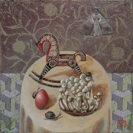 A still life composition featuring a wooden horse toy, mushrooms, a red-painted egg, and three snails. A large moth sits on the background wall.