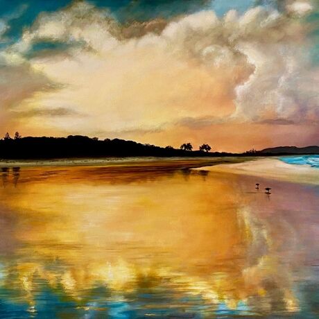 This painting of Brooms Head Beach, NSW, is an example of my landscape painting which aims to capture transcendent moments in nature. I enjoyed the challenge of painting the spectacular sunset skies and the reflections in the shallow water.