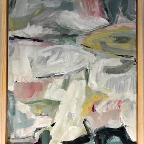 An abstract dyptich. Free brushstrokes.  Major colours are light grey and black, with sage green, mid-pink, and touches of blue and yellow.