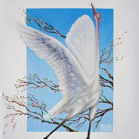 A painting of a white crane in mid-flight with wings outstretched, set against a vibrant blue background. The bird is surrounded by branches adorned with delicate pink blossoms, creating a serene and elegant composition.