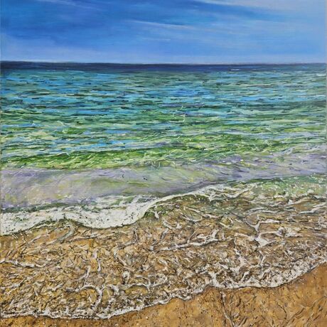 Oil painting of the view of the ocean from standing on the beach. The colors of sea are blue, light green and turquoise. The sand is ochre. 