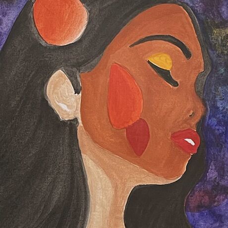 “Ember Spirit” features a stylized portrait of a woman with her eyes closed, exuding a sense of calm and introspection. Her skin is adorned with vibrant red and orange shapes, symbolizing inner fire and passion. Her long, dark hair flows freely, framing her face against a rich, textured background of deep purples and blues. The bold use of color and abstract forms highlights the emotional depth and resilience inherent in the subject.
