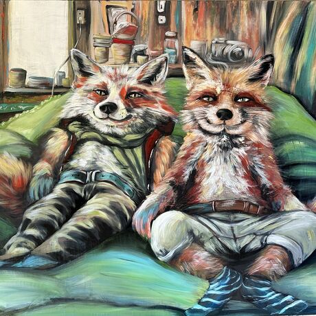 Foxy Brothers

Here’s a vibrant, textured painting that brings the charm of two domesticated foxes to life. Measuring 121 x 91 cm, this captivating piece shows the relaxed duo in bright orange and red hues, comfortably settled on a couch as if they've just finished a marathon of National Geographic nature shows.

Dressed in pants with belts and one donning stripey socks (inspired by the my own socks worn during the creation process), these foxy brothers exude a sense of joy and coziness. 
Their fluffy tails, prominently displayed on either side of the couch, add to their endearing appearance.

The background features a mix of jars, books, an old camera, and a couple of small white windows, adding depth and character to the scene. This playful and humorous piece is perfect for anyone who appreciates unique art with a touch of whimsy.

Inspiration:
I drew inspiration from the comfort of home, the playful nature of foxes, and the simple joy of wearing fun socks. The result is a delightful and heartwarming painting that invites you to find happiness in the little things and to appreciate the warmth of companionship.
