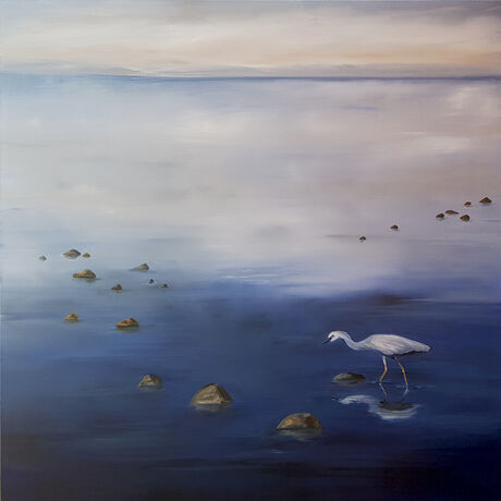 An oil painting of a heron wading through water at Altona beach, Melbourne