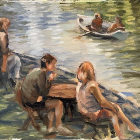 This impressionistic painting portrays a group of individuals savoring quiet moments by a river. The soft brushstrokes and dappled light create an atmosphere of warmth and calmness, highlighting nature’s role as a backdrop for human restfulness and interaction.