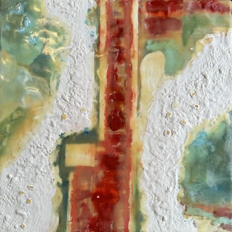 A straight red boardwalk cuts through layers of green and blue water and White Sea foam. A highly textured piece made with encaustic paint.