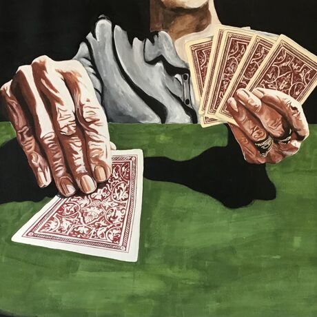 Bold watercolour painting of two hands playing poker, with a little lady sitting on a stack of one dollar coins looking on.