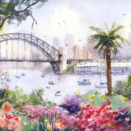 Original painting Sydney Harbour Bridge with sailboats and flowering garden