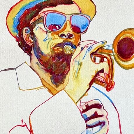 "Stage of Sound" by Christine Beard is a vibrant watercolor portrait capturing the essence of a musician lost in the rhythm of his performance. The artist skillfully uses bold colors and expressive brushstrokes to convey the energy and passion of the trumpet player, highlighting the lively atmosphere of a jazz scene. The musician's sunglasses and hat add a contemporary touch to this dynamic piece, making it a perfect representation of modern musical expression. This artwork invites viewers to feel the rhythm and energy of live music, making it an excellent addition to any contemporary art collection.






