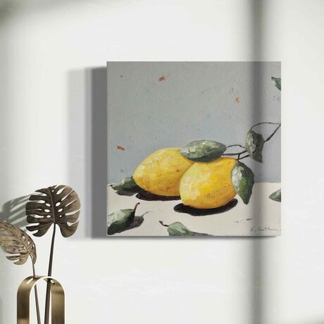 Small original textured still life  painting of two lemons on a light grey and cream  background