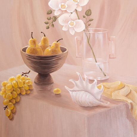 Vibrant yellow grapes cascade over the edge of a bench, leading your eye to three luscious pears placed delicately in a bowl. In the foreground, a seashell adds an unexpected coastal touch, while in the background, a glass vase and graceful orchids, infuse the scene with a touch of elegance.