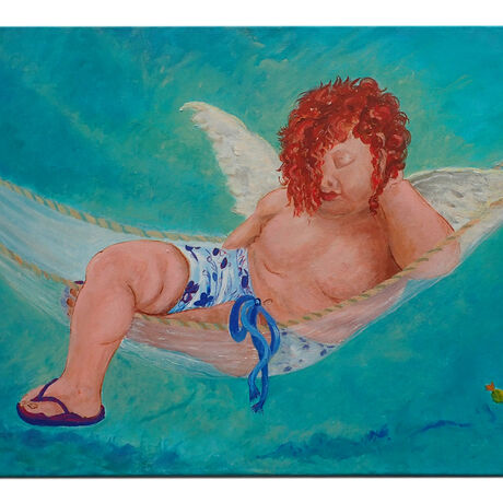 Abstract acrylic painting of Cupid lounging in a hammock, wearing board shorts and flip-flops, set against vivid teal and turquoise skies. Surrounded by bright orange gum tree blossoms, this piece blends classical mythology with modern Australian elements. The artwork is unframed, offering the option to pair it with a classic gold frame for an added touch of elegance.