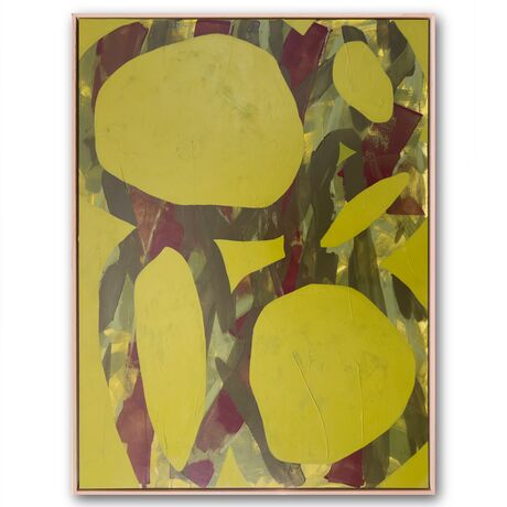 abstract organic pebble shapes and loops in olive green and burgundy