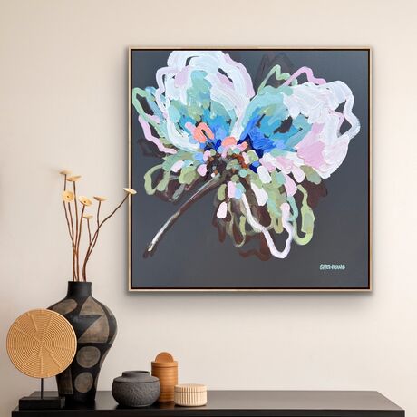 Square canvas, Modern floral in blues, cream, orange, peach, lilac, greens and earthy tones with chunky paint and textural brushstrokes.