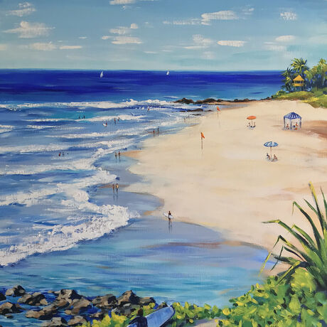 Rainbow Bay Beach original painting by Irina Redine. Rainbow Bay, Coolangatta, Queensland
 Australian beach holidays one of a kind wall art on canvas, ready to hang wall art.