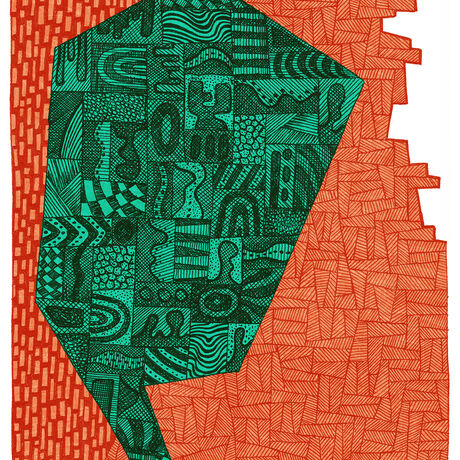 Green / Aqua and Burnt Orange abstracted silhouette portrait against an orange patterned background 