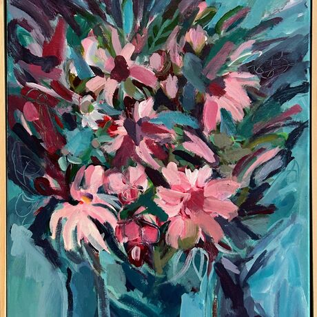 This is a semi abstract painting of flowers.  The flowers are painted expressively and brush strokes are important to this process of abstraction,  What happens colours are revealed through the brushstrokes of darker or lighter colour.   The background is a number of shades of blue green, they suggest a vase and direction of light.