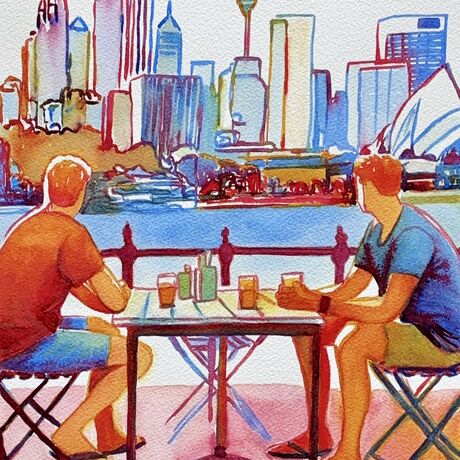 "Sydney Skyline Conversations" by Christine Beard captures a serene moment shared between two figures seated at an outdoor café, with the iconic Sydney skyline serving as a vibrant backdrop. The watercolor painting beautifully renders the dynamic cityscape, including the Sydney Opera House and Sydney Tower, in a palette of rich, inviting colors. This artwork is a perfect blend of urban life and human connection, making it a must-have piece for anyone who appreciates the charm and vibrancy of Sydney's cityscape. Whether you're a lover of Australian art, city scenes, or social moments, this painting will bring a touch of modern life and cultural essence to your space.





