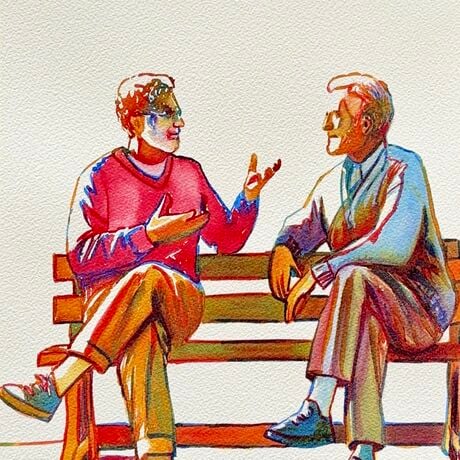 "Engaging Discussion" by Christine Beard is a vibrant watercolor painting that captures a lively conversation between two individuals seated on a bench. The artwork beautifully illustrates the dynamics of human interaction, with one figure animatedly speaking while the other listens intently. The use of bold colors and expressive brushstrokes highlights the energy and warmth of the moment, reflecting the joy of shared experiences and meaningful dialogue. This piece is a poignant portrayal of connection and communication, making it a compelling addition to any collection of contemporary figurative art.


