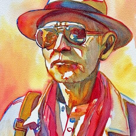 "Reflections of Wisdom" by Christine Beard is a captivating watercolor portrait that beautifully captures the essence of life experience. The painting features an elderly man wearing reflective sunglasses, which subtly mirror the world around him, symbolizing a life full of stories. The use of vibrant colors and detailed brushstrokes brings out the character’s depth, with sunlight and shadows playing across his face, enhancing the mood of the piece. This artwork is a poignant tribute to the wisdom and dignity that come with age, making it a striking addition to any collection of contemporary portraiture.




