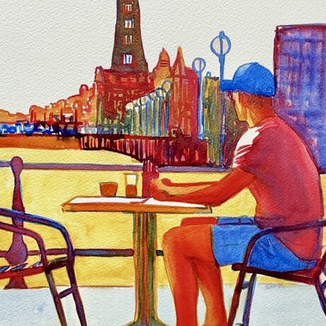 "Evening Reflections" by Christine Beard beautifully captures a tranquil moment of relaxation in an urban cafe setting. The painting, rich with vibrant colors, showcases a figure seated at a table, enjoying a quiet moment against the backdrop of a cityscape illuminated by the warm evening light. The scene evokes a sense of calm and contemplation, making it a perfect representation of modern leisure in an urban environment. This piece is ideal for those who appreciate art that reflects the beauty of everyday moments in a bustling city.





