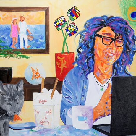 a painting depicting the times of covid 19 lockdown with woman on computer and cat eating a goldfish.