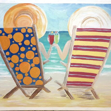 2 ladies sitting on beach chairs looking to the ocean charging their glasses painting on canvas 75 x 100cm