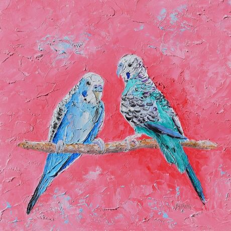 A thickly textured oil painting of a pair of blue and green budgerigar birds on a vibrant pink background. They are facing each other on a perch.