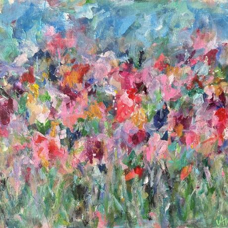 Colourful, bright, textured, abstract floral, garden and flowers on canvas