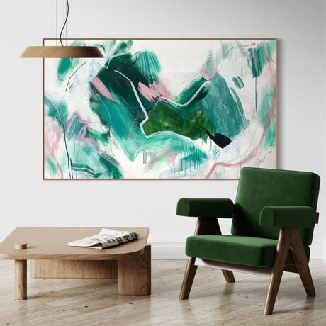 Subtle tones in green, pink, white, grey, ochre, beige and neutral tones combined with large expressive pencil and paint marks, across the canvas surface. 