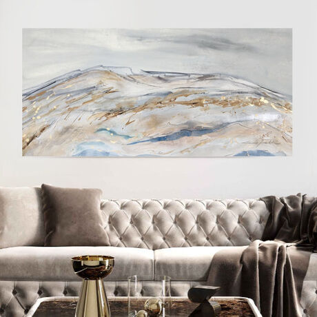 a large winter abstract landscape in shades of gold, brown, black, blue and white inspired by alpine regions