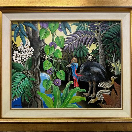 A rain forest painting featuring a cassowary with his chicks foraging in the undergrowth  of a forest. The birds are amongst  a variety of ferns, flowers and trees. The painting has a golden afternoon sky.