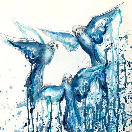 Artwork painting of blue Budgies flying by Sydney artist Leni Kae