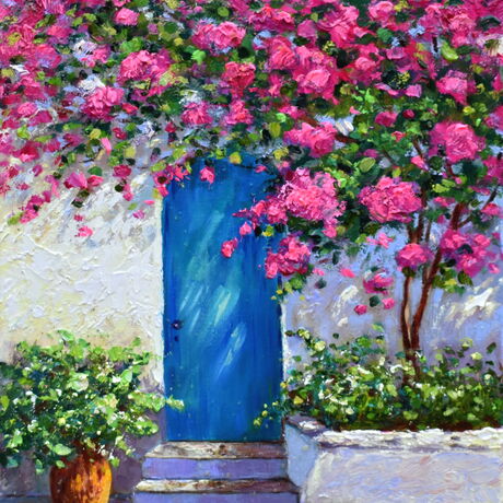 Landscape painting with a turquoise door of a white house and a blooming bougainvillea