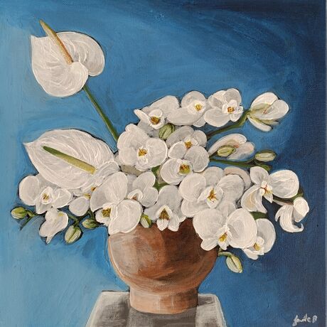 This painting features a vibrant still life of white orchids is set off against a rich blue background. The central focus is a collection of white orchids, their delicate petals contrasting beautifully with the darker hue. A few white Anthurium flowers add a touch of drama with their unique shape. The flowers are arranged in a simple, earthenware vase, further emphasizing their natural beauty. The overall composition is balanced and harmonious, creating a sense of tranquility and elegance.