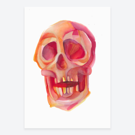 This watercolor painting depicts an abstracted human skull rendered in soft, flowing layers of warm hues—reds, oranges, pinks, and subtle yellows. The skull is partially deconstructed, its familiar form softened by the fluidity of the watercolor medium. 

The eye sockets, teeth, and jawline remain distinct but lack harsh edges, blending into the surrounding space as if dissolving into the atmosphere. The painting's translucent washes of color create a glowing effect, as if light is emanating from within the skull. The rich reds and oranges evoke the warmth of a flame, hinting at a deeper symbolic meaning—perhaps the persistence of life energy even in the face of decay.

The overall mood of the piece is contemplative and ethereal, balancing between life and death, presence and absence, solidity and dissolution. The colors and abstraction lend the skull a haunting beauty, transforming it into a symbol of life’s fleeting yet vibrant nature.