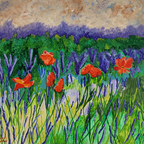 against a background of abstract skies and purple ranges are some brightly coloured orange and red poppies popping up out of a landscape of fields of greens 